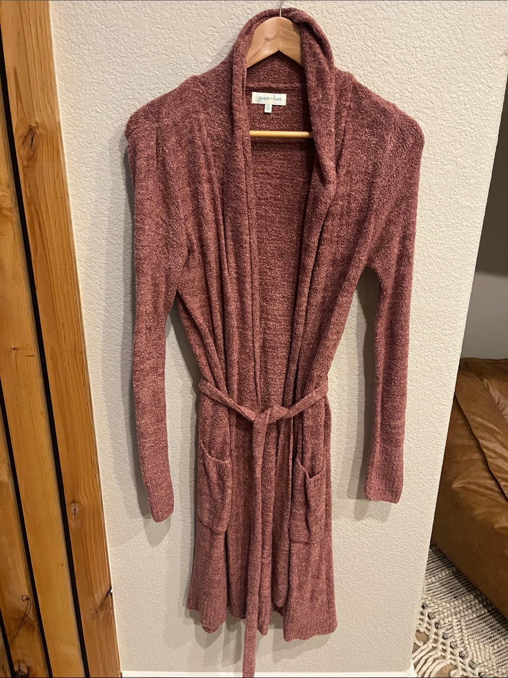 Grace & Lace Open-Front Belted Cardigan in Dusty Rose
